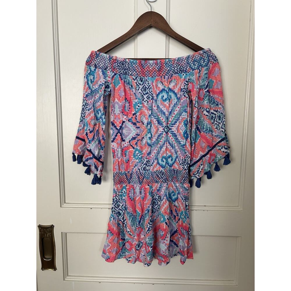 Lilly Pulitzer Off Shoulder Smocked Tasseled Mini Dress Womens Size XS Pink Blue - Picture 2 of 8